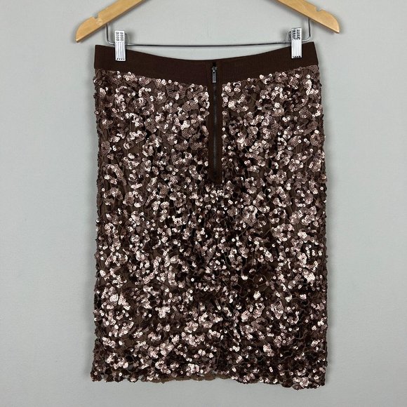 BCBG MaxAzria Skirt Medium Bronze Sequin Mesh Dorshea Pencil Glam Stretch New - Picture 5 of 10